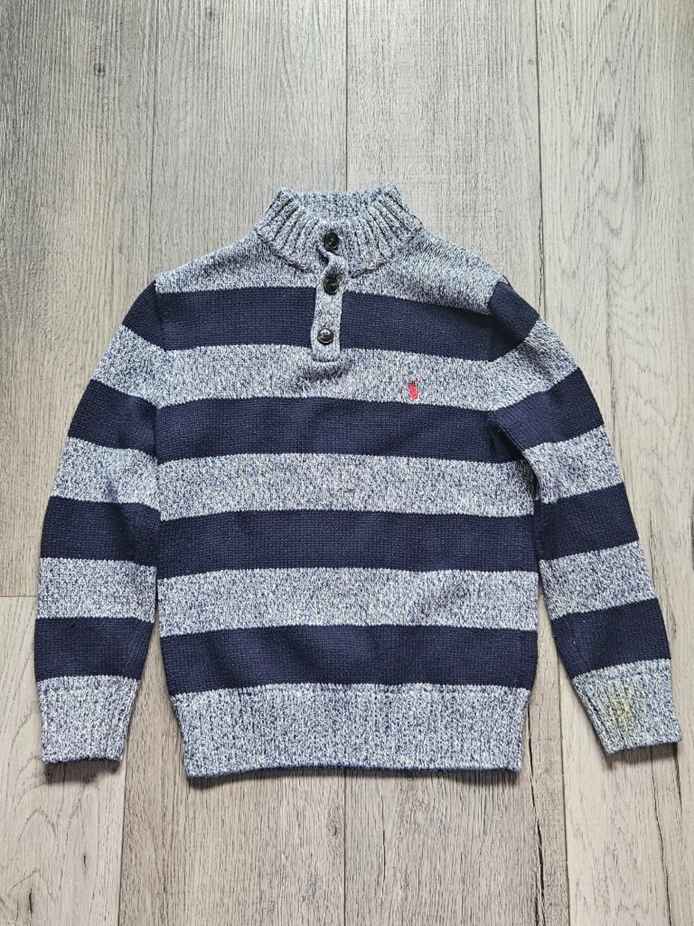 Polo Ralph Lauren Boys Size 7 Button Collar Sweater Navy Blue Striped Knit 7 - Picture 1 of 7